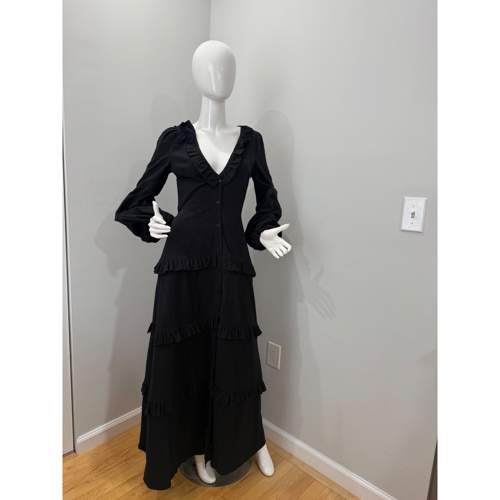 Commense Cotton & Linen Semi-Sheer Ruffle Maxi Dress Flowy Black Dress size XS - Picture 4 of 8